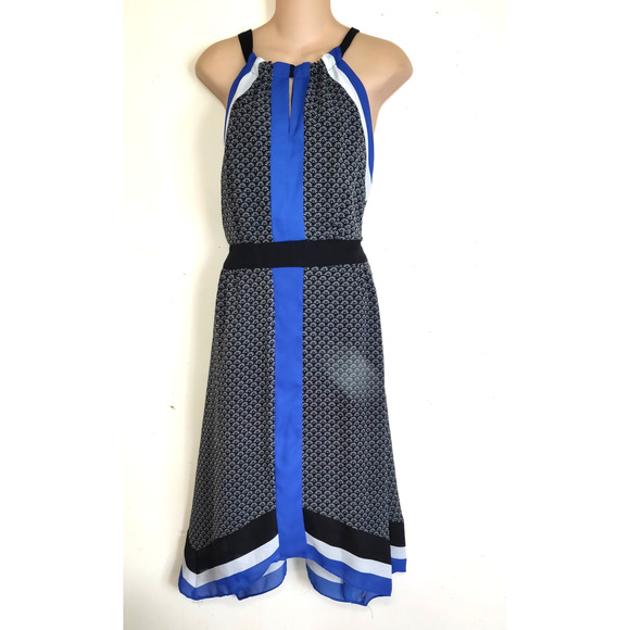 ICE Dress Sz 16 Asymmetrical Bottom Blue White Black Halter Style Top Flowing - Picture 1 of 16